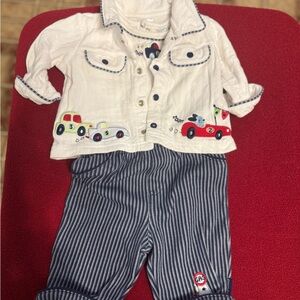 Kids Matching Set with Cars Embroidery - White and Blue